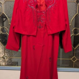 Red Embellished Long-Sleeve Dress with Matching Jacket